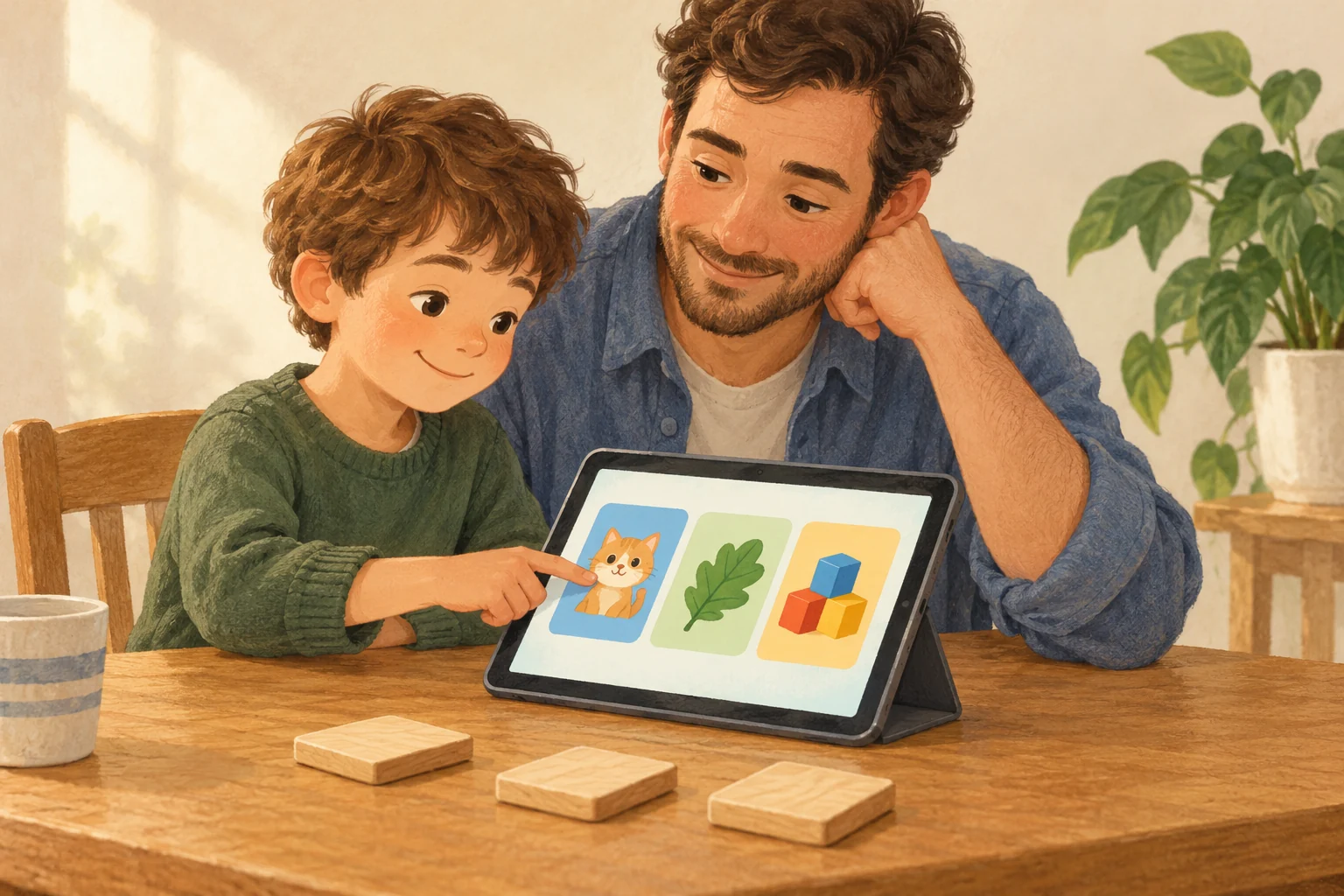Un papá y su hijo eligen un juego en una tableta con tarjetas de un gato, una hoja y bloques.