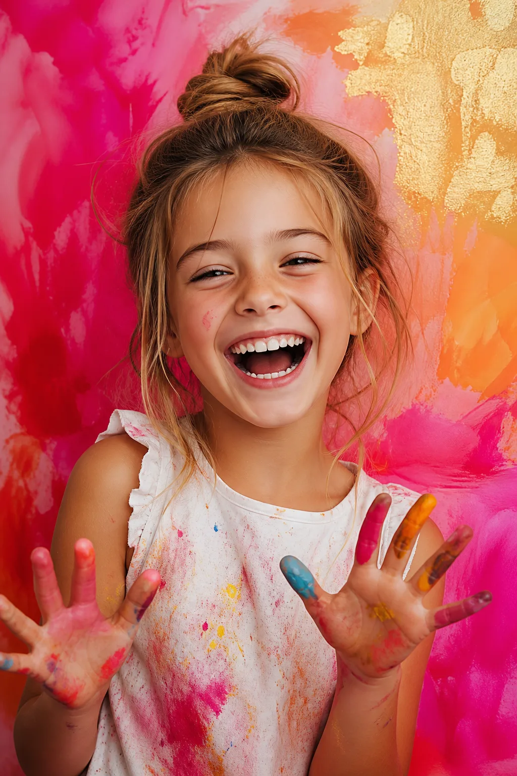 Una niña con pintura en las manos durante una actividad creativa.