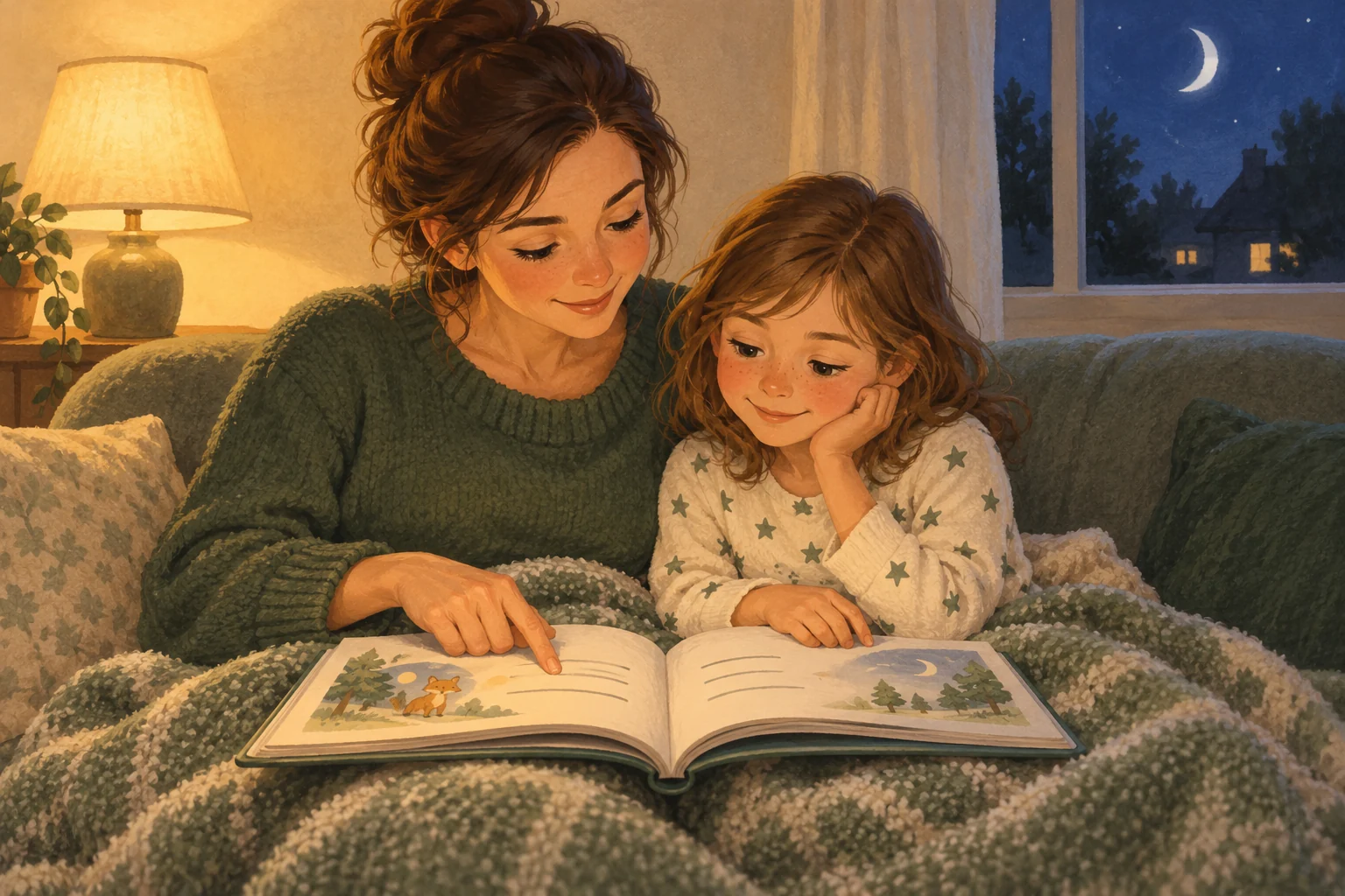 Una mamá y su hija leen un libro juntas en el sofá, con la luz cálida de una lámpara por la noche.
