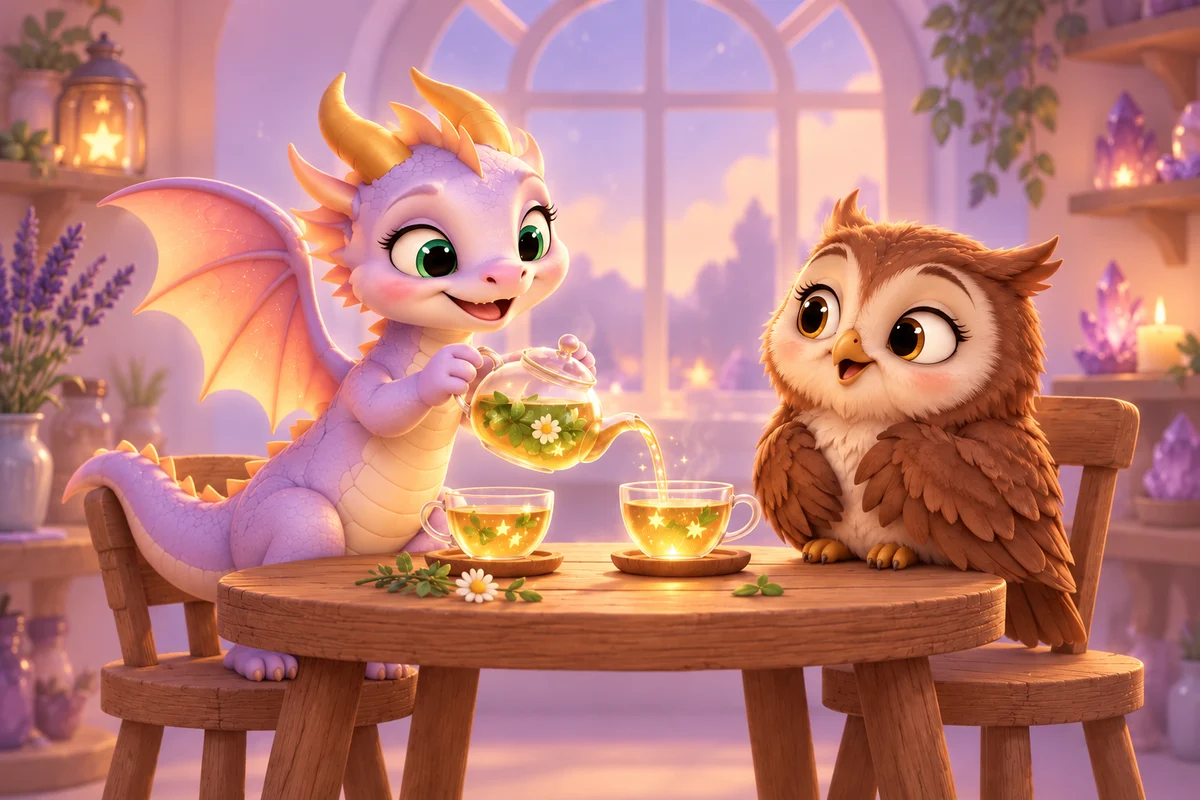 Фіолетовий дракончик пригощає сову зоряним чаєм за дерев’яним столом у майстерні.